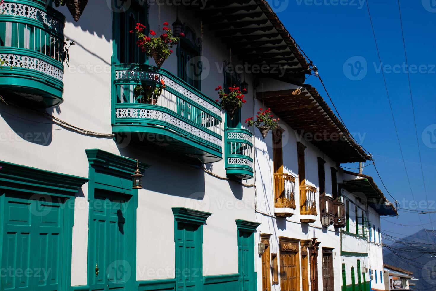 Beautiful facade of the houses at the historical downtown of the heritage town of Salamina located at the Caldas department in Colombia. photo