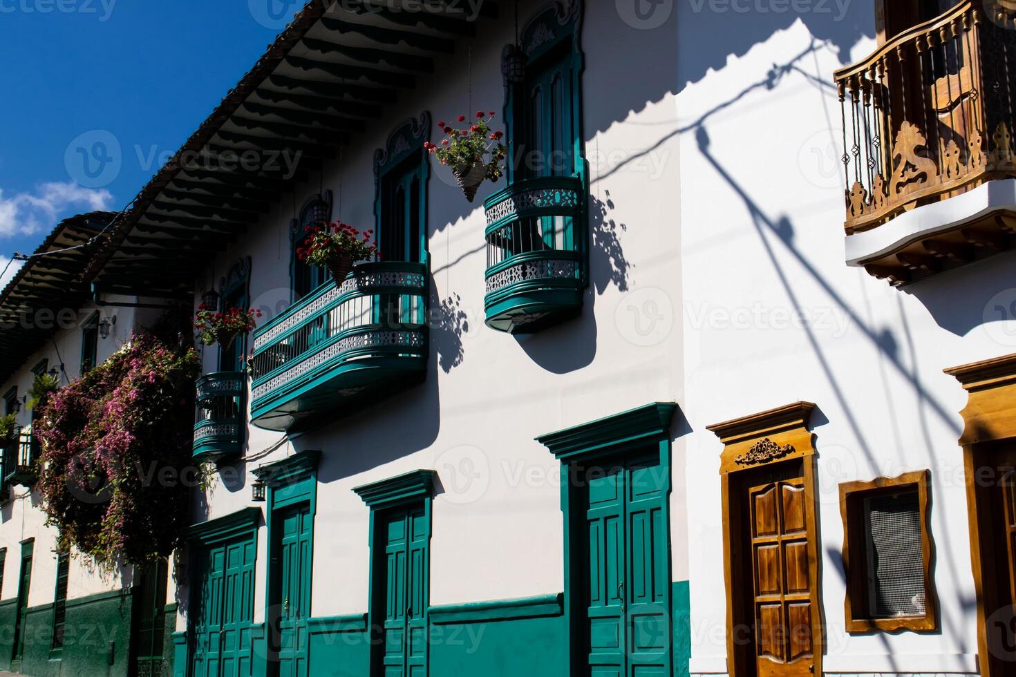 Beautiful facade of the houses at the historical downtown of the heritage town of Salamina located at the Caldas department in Colombia. photo