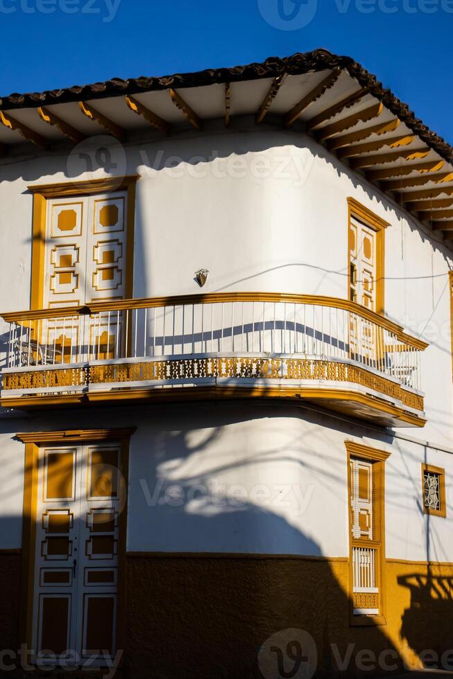 Beautiful facade of the houses at the historical downtown of the heritage town of Salamina located at the Caldas department in Colombia. photo