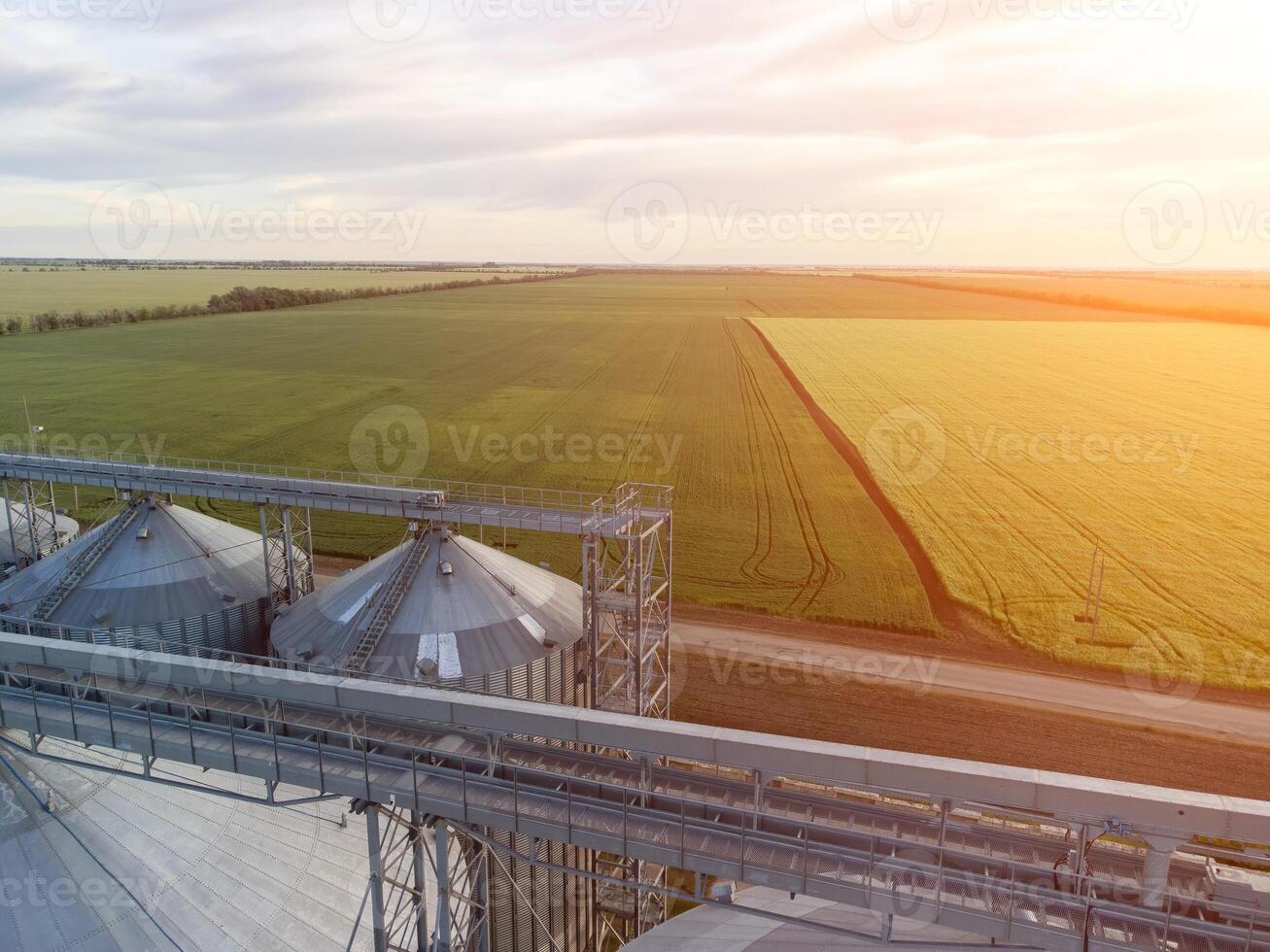 Modern metal silos on agro-processing and manufacturing plant. Aerial view of Granary elevator processing drying cleaning and storage of agricultural products, flour, cereals and grain. Nobody. photo