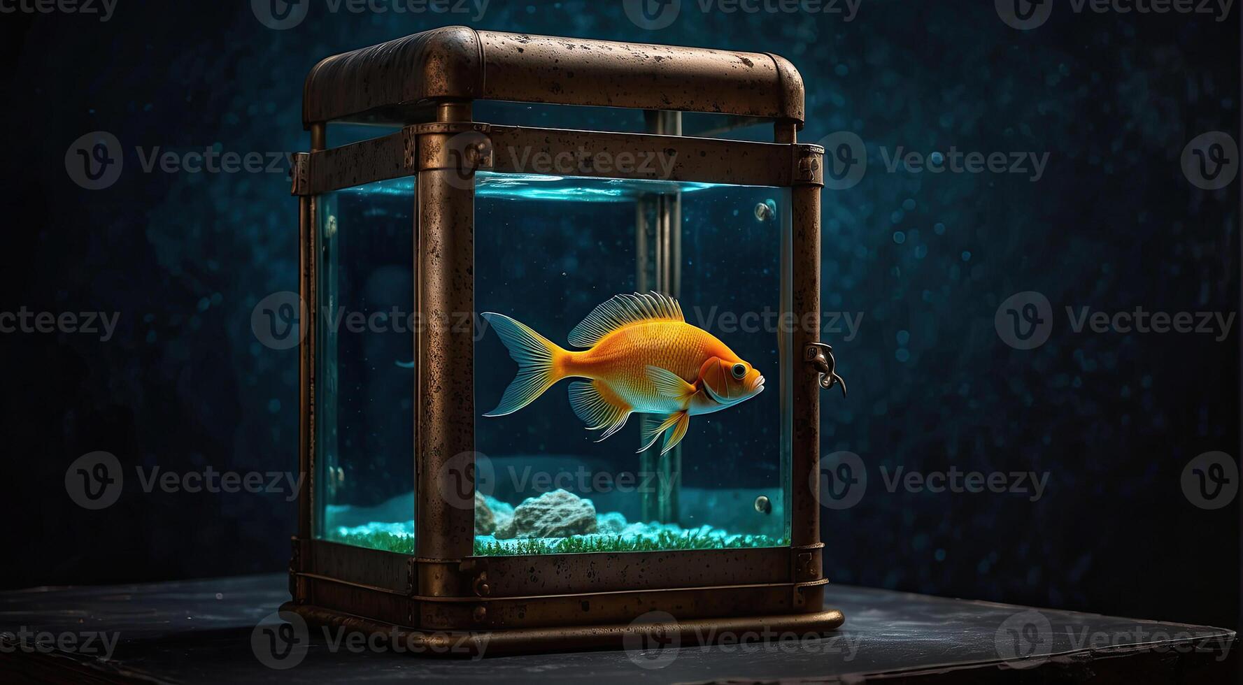 AI generated shimmering golden fish in glass aquarium with rusted metallic edges on dark rough background. unique home decor sense of vintage charm, mystique, mystery, antiquity, nostalgia curiosity photo