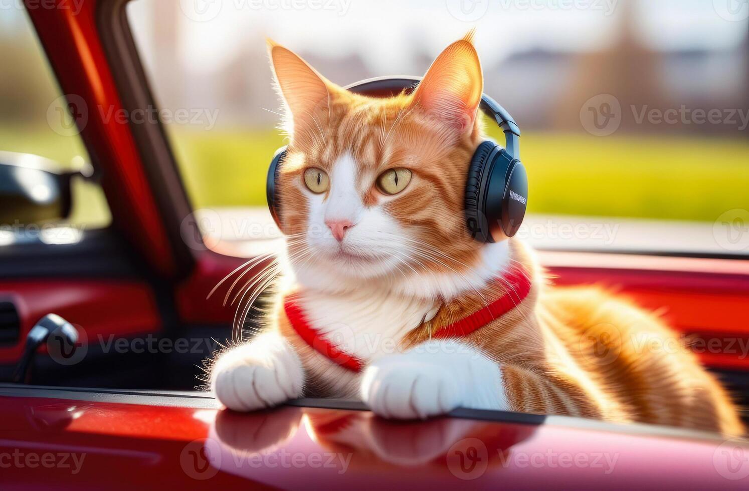 ai generado coño linda jengibre gato escuchando música en auriculares sentado en el rojo auto, soleado primavera día foto