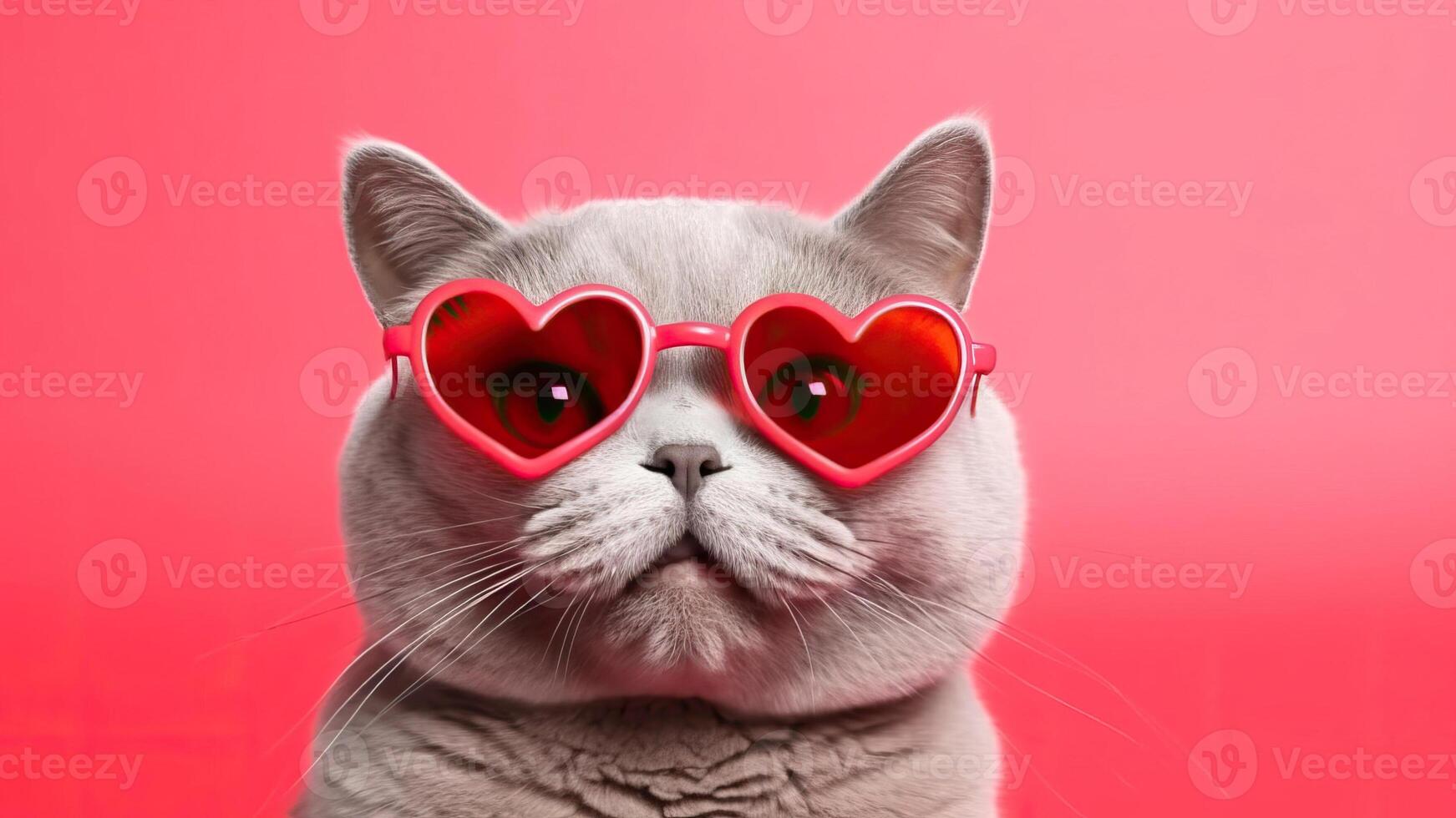 AI generated Closeup portrait of a gray British shorthair cat wearing heart shaped glasses on a red background. Funny pets. Valentine Day concept photo