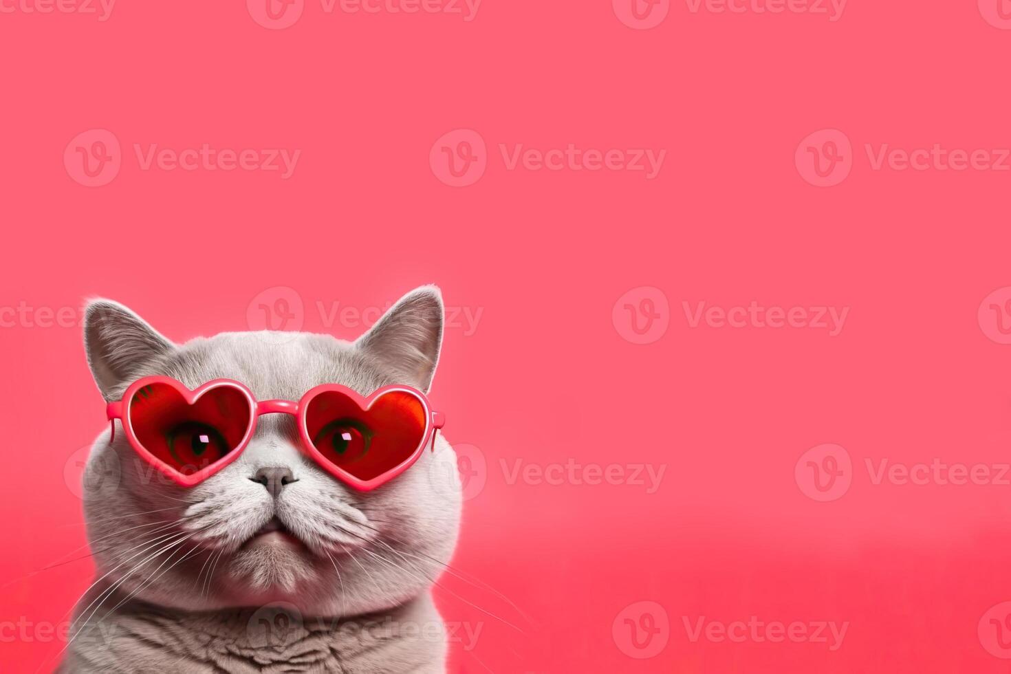 AI generated Banner closeup portrait of a gray British shorthair cat wearing heart shaped glasses on a red background. Valentine Day concept. Copy space photo