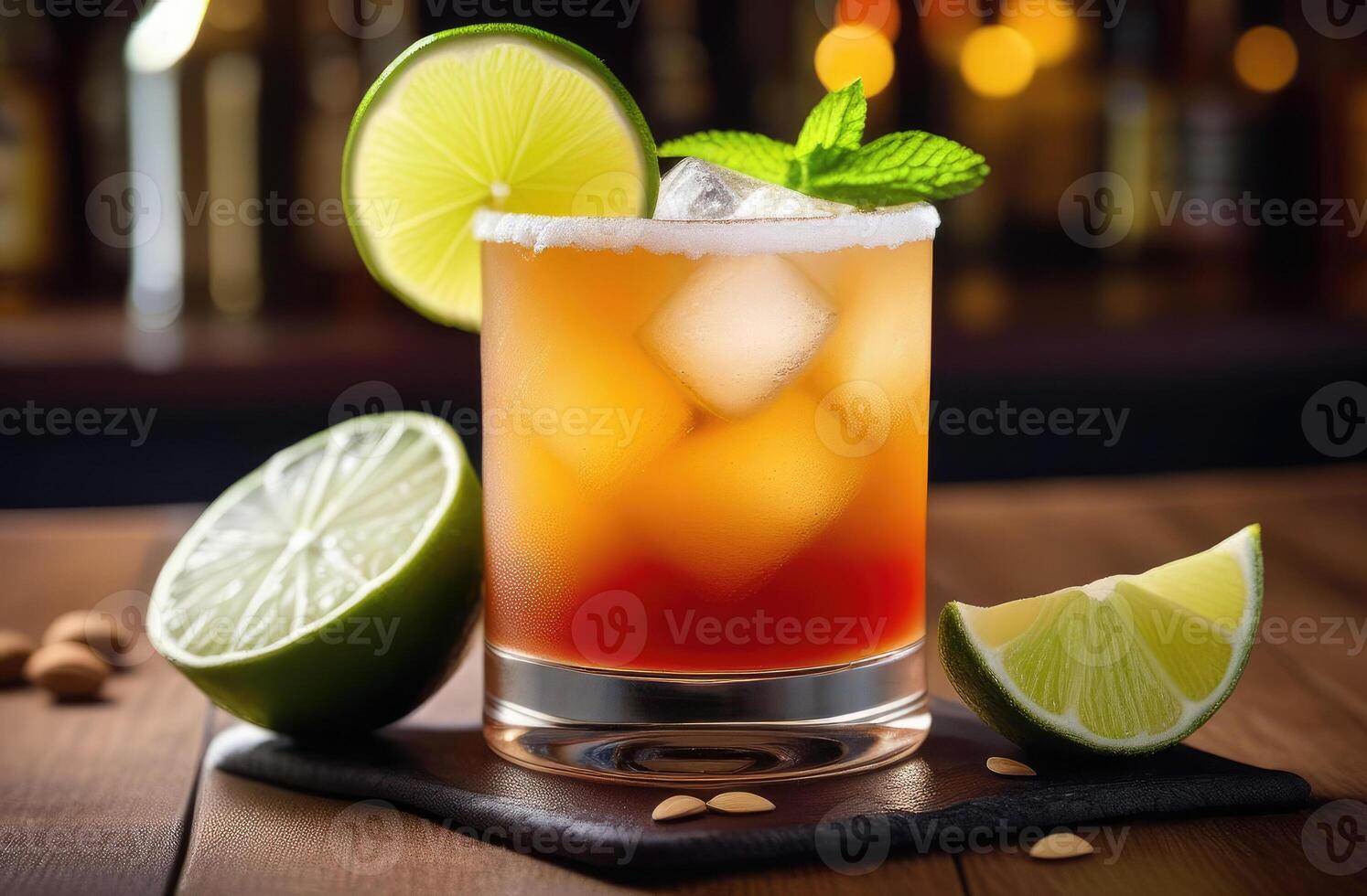 AI generated Mai Tai rum cocktail with lime and almond, set on wooden table, dramatic hard lighting. essence of tropical vacation, taste of paradise. Ideal for travel brochures, cocktail menu photo