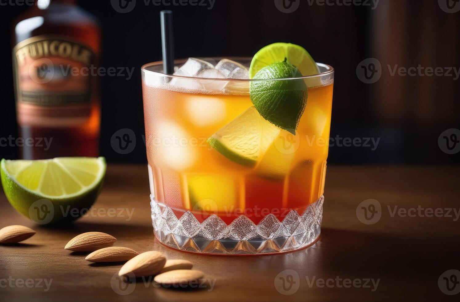 AI generated Mai Tai rum cocktail with lime and almond, set on wooden table, dramatic hard lighting. essence of tropical vacation, taste of paradise. Ideal for travel brochures, cocktail menu photo