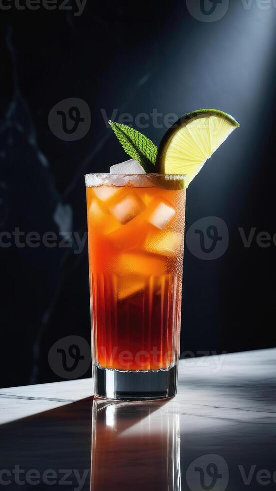 AI generated Mai Tai rum cocktail with lime and almond, set on sleek marble table, dramatic hard lighting. essence of tropical vacation, taste of paradise. Ideal for travel brochures, cocktail menu photo