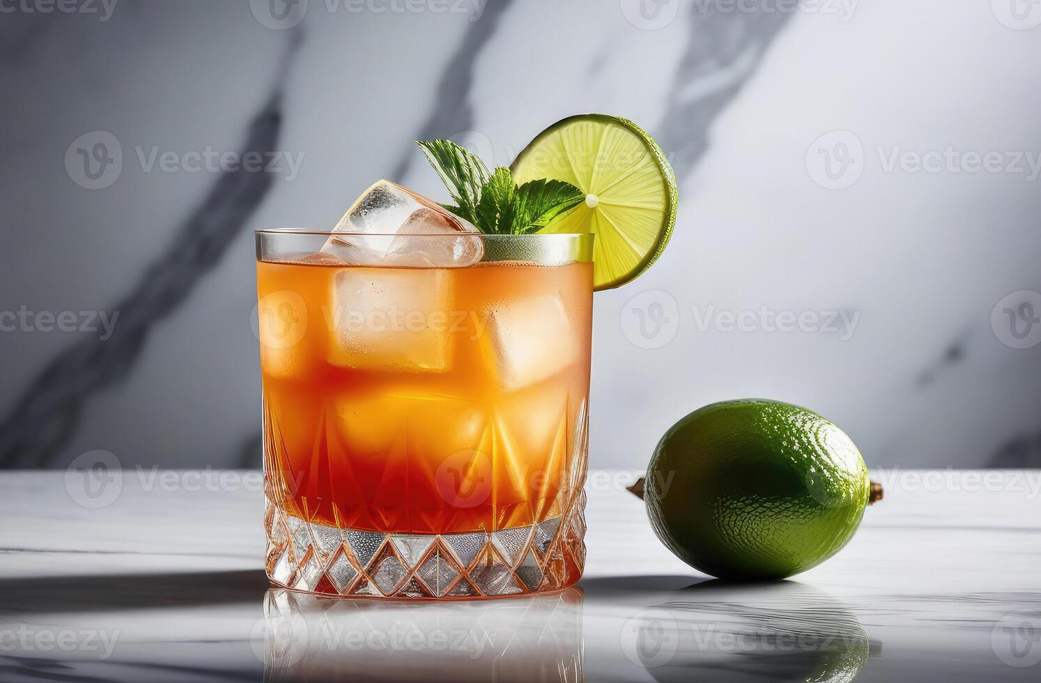 AI generated Mai Tai rum cocktail with lime and almond, set on sleek marble table, dramatic hard lighting. essence of tropical vacation, taste of paradise. Ideal for travel brochures, cocktail menu photo