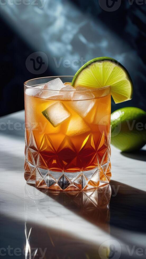 AI generated Mai Tai rum cocktail with lime and almond, set on sleek marble table, dramatic hard lighting. essence of tropical vacation, taste of paradise. Ideal for travel brochures, cocktail menu photo
