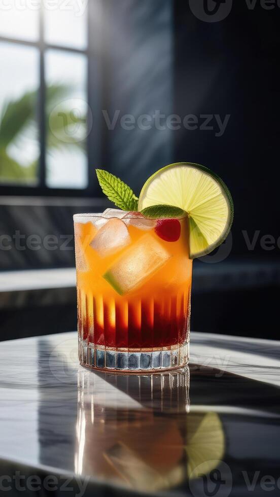 AI generated Mai Tai rum cocktail with lime and almond, set on sleek marble table, dramatic hard lighting. essence of tropical vacation, taste of paradise. Ideal for travel brochures, cocktail menu photo