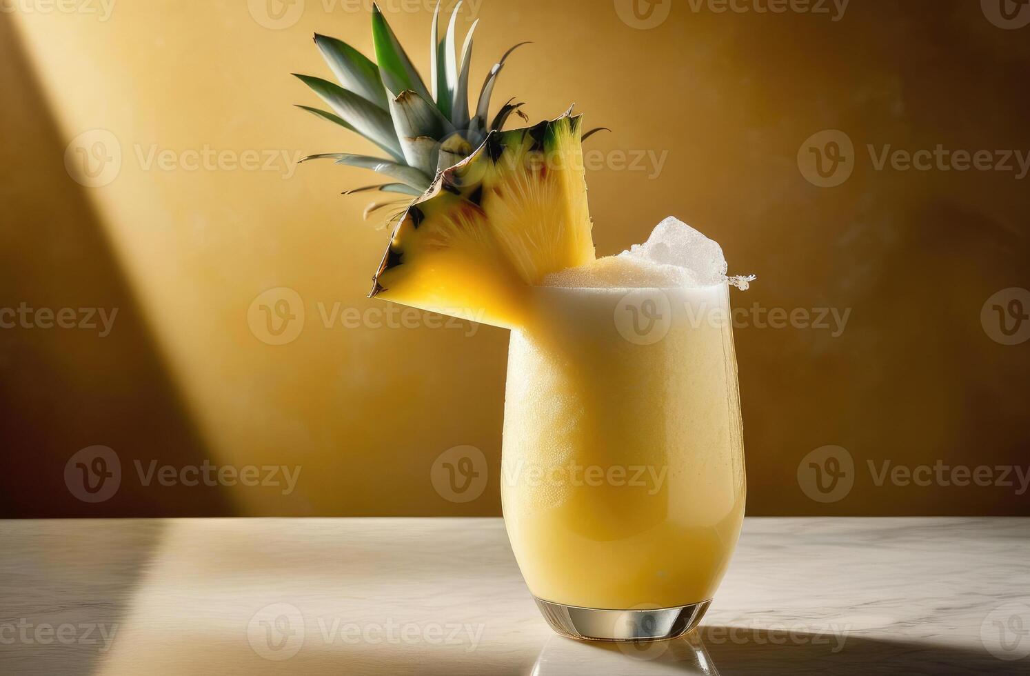 AI generated Pina Colada cocktail with rum, coconut pineapple, on marble table, dramatic hard lighting. essence of tropical vacation, taste of paradise. Ideal for travel brochures, cocktail menu photo
