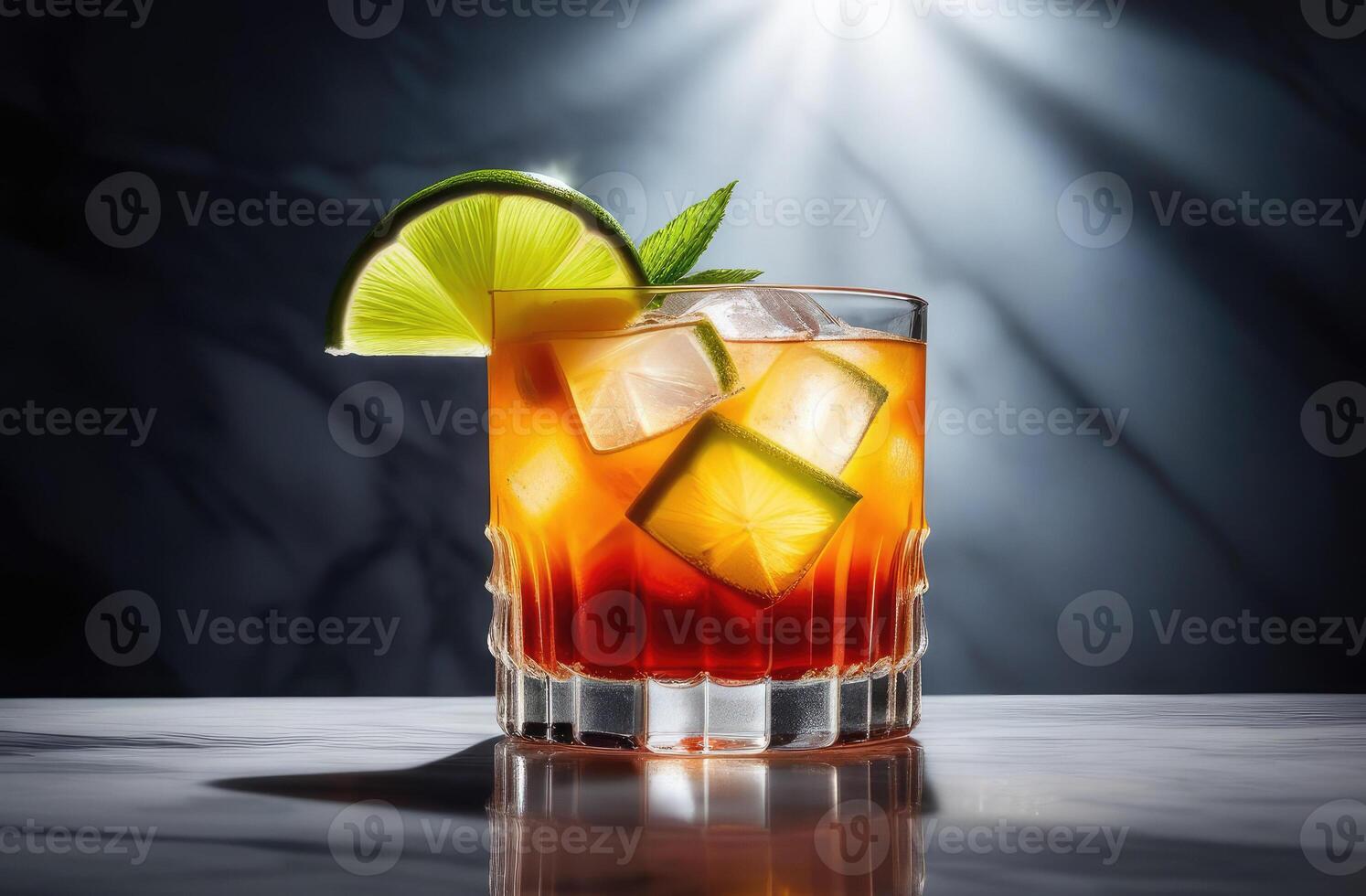 AI generated Mai Tai rum cocktail with lime and almond, set on sleek marble table, dramatic hard lighting. essence of tropical vacation, taste of paradise. Ideal for travel brochures, cocktail menu photo
