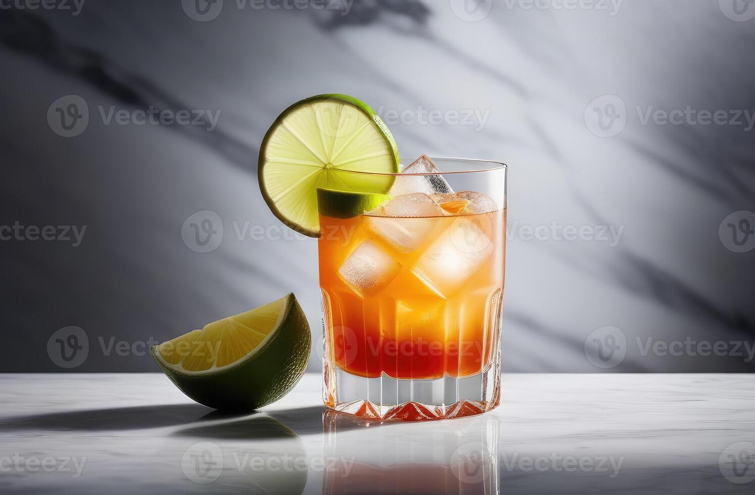 AI generated Mai Tai rum cocktail with lime and almond, set on sleek marble table, dramatic hard lighting. essence of tropical vacation, taste of paradise. Ideal for travel brochures, cocktail menu photo