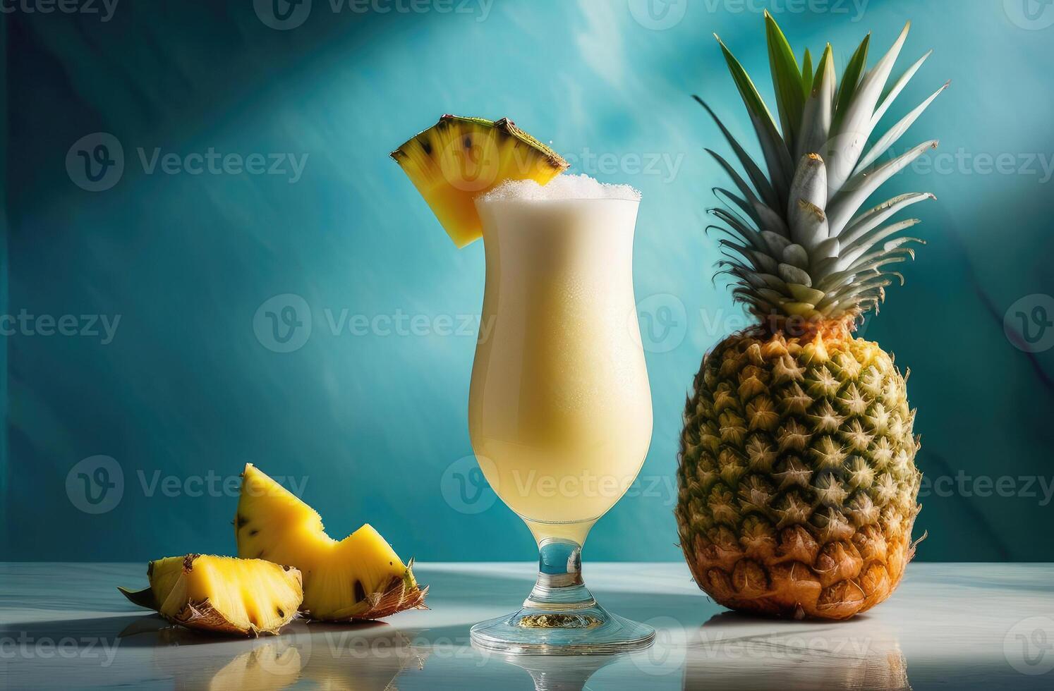 AI generated Pina Colada cocktail with rum, coconut pineapple, on marble table, dramatic hard lighting. essence of tropical vacation, taste of paradise. Ideal for travel brochures, cocktail menu photo