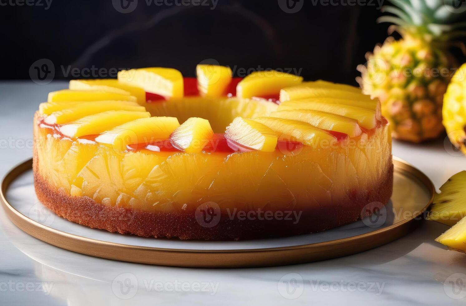 AI generated Crushed pineapple upside down cake on marble table, hard light. taste of tropical vacation, exotic culinary, evoking sense of luxury and relaxation in food blogs, travel magazines photo