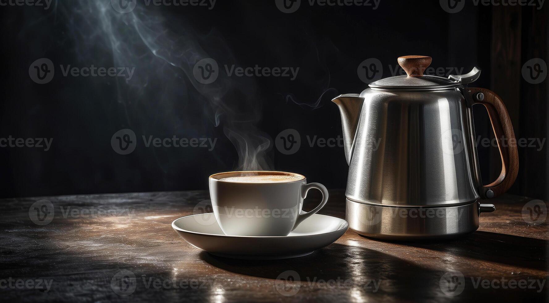 AI generated white cup of coffee, antique silver coffee pot on dark rough background. ambiance of sophistication and tranquility. coffee culture, cozy cafes. lightning and shadow from the window photo