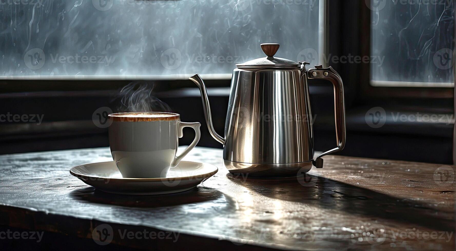 AI generated white cup of coffee, antique silver coffee pot on dark rough background. ambiance of sophistication and tranquility. coffee culture, cozy cafes. lightning and shadow from the window photo