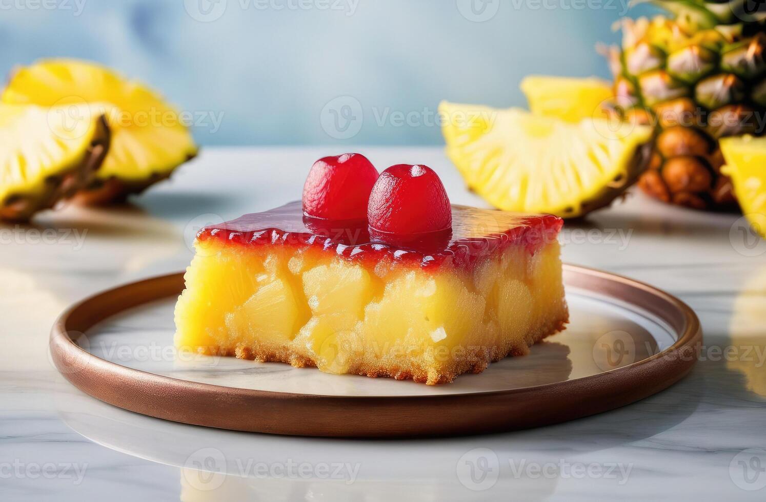 AI generated Crushed pineapple upside down cake on marble table, hard light. taste of tropical vacation, exotic culinary, evoking sense of luxury and relaxation in food blogs, travel magazines photo