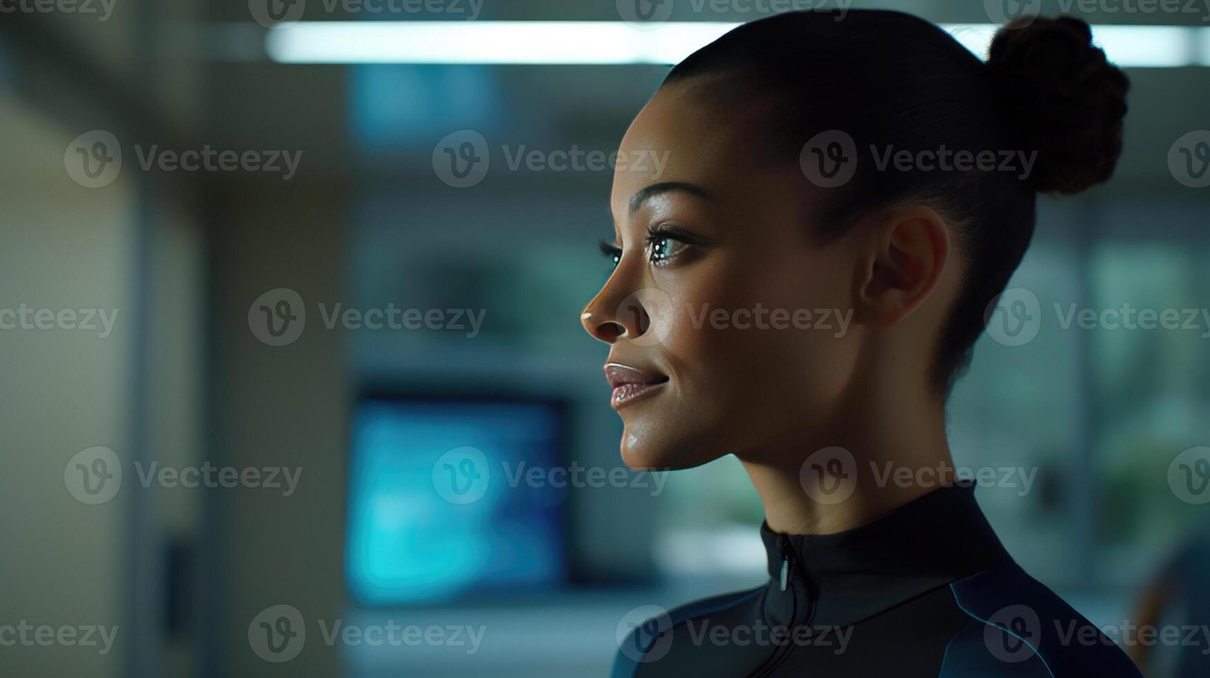 AI generated Confident black woman with hair tied up in bun, wearing black sport jacket with zipper on blurred background. strength, elegance, athleticism, empowerment, fitness, fashion concept photo