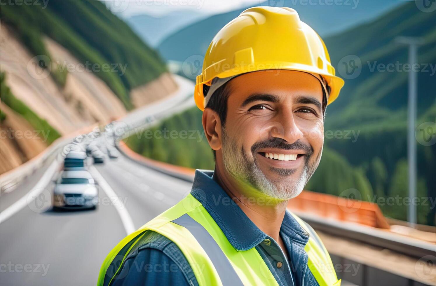 ai generado retrato de exitoso medio años hombre civil ingeniero en borroso antecedentes de el nuevo autopista, mirando a cámara. confidente gerente vistiendo amarillo casco y la seguridad chaleco. foto