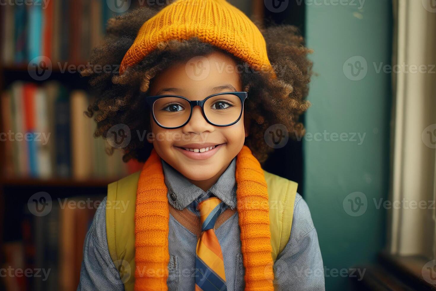 AI generated smiling little black boy in glasses sitting in library looking at camera, many books in background. Childhood curiosity, education, diversity, reading, literacy, cultural inclusivity photo