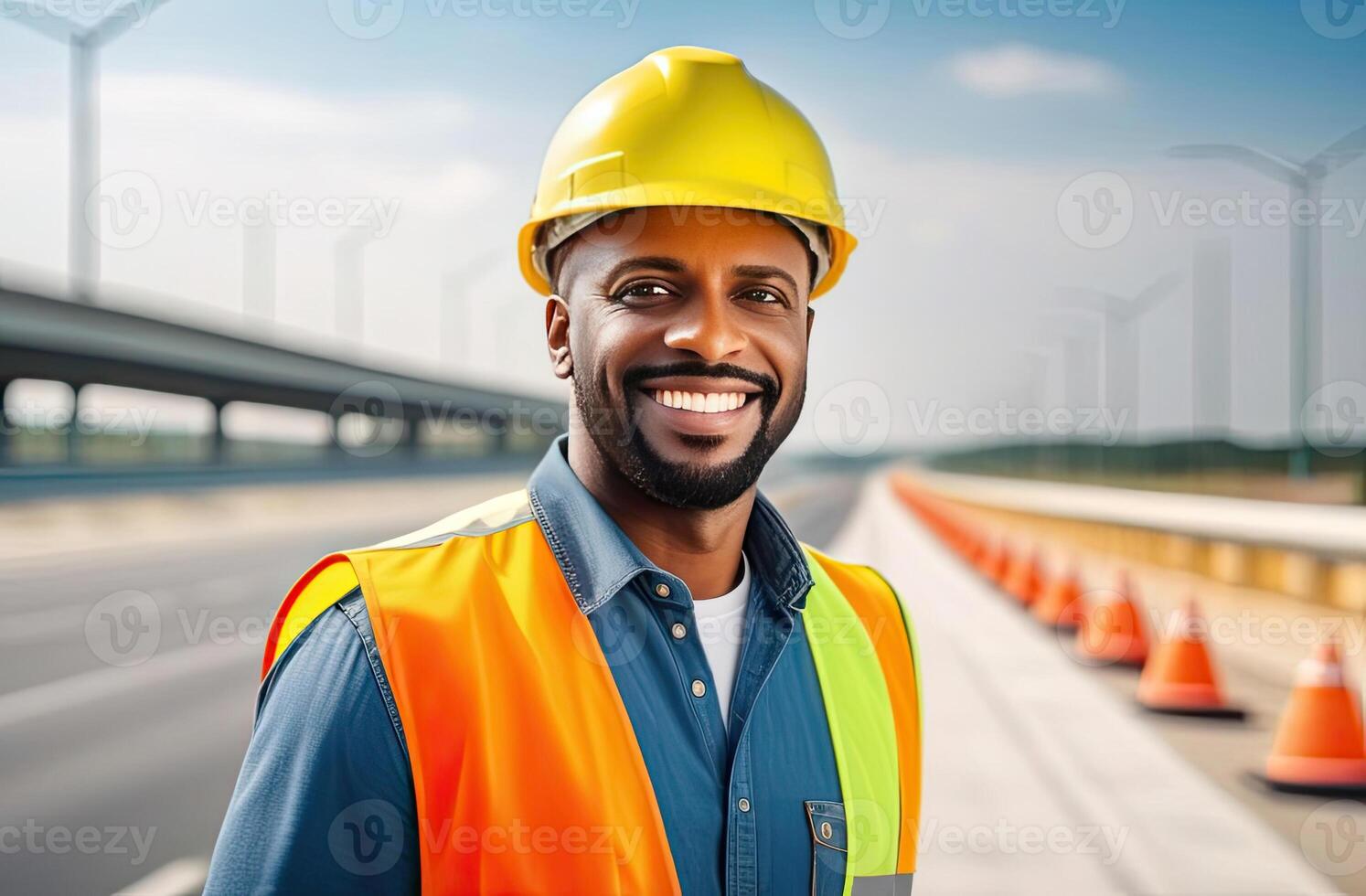 AI generated Portrait of successful middle age black man civil engineer on blurred background of the new motorway, looking at camera. Confident manager wearing yellow helmet and safety vest. photo