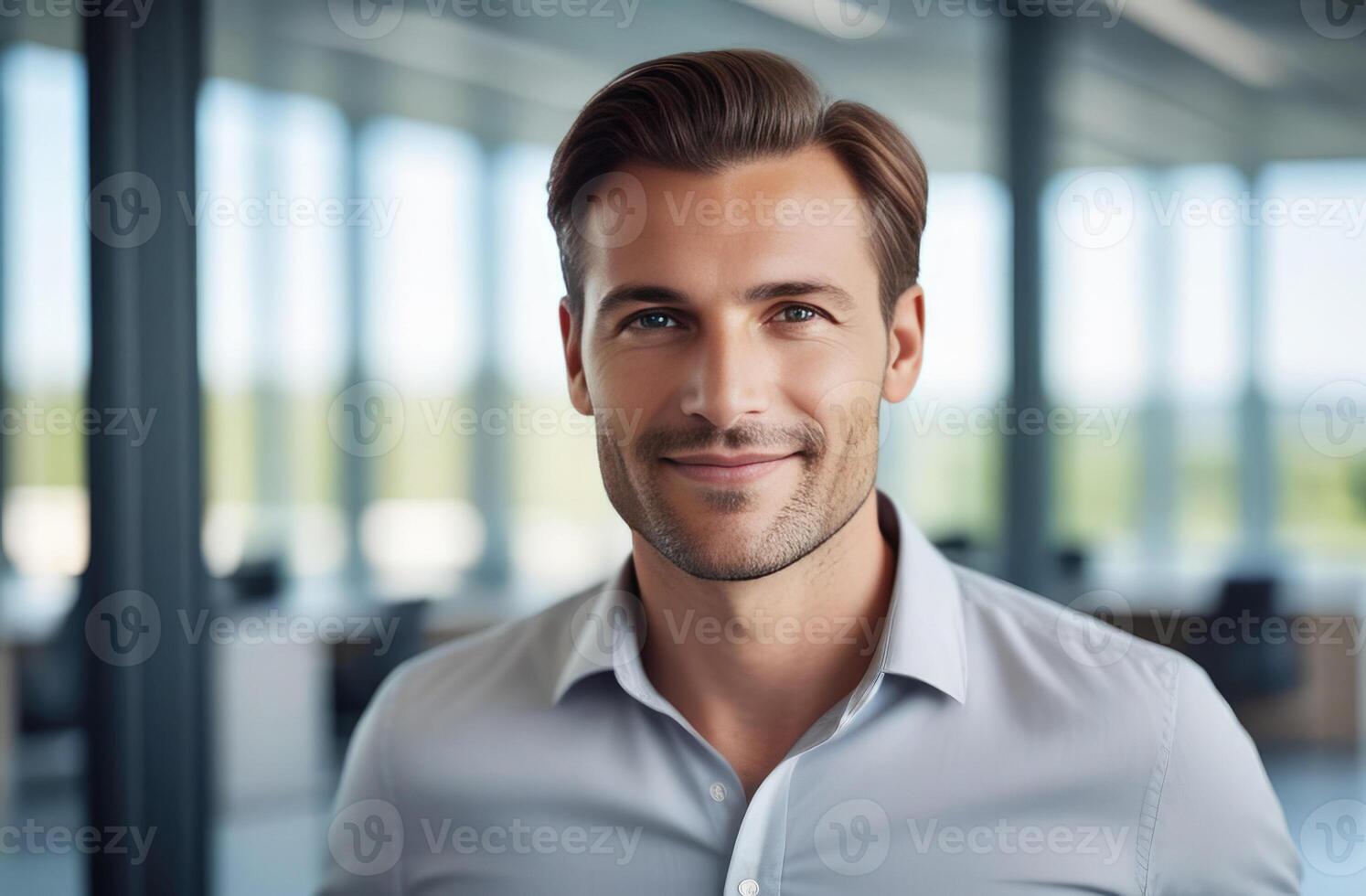 AI generated handsome office executive standing in contemporary start-up coworking open space office. Man 30-35 yo manager smiling, looking at camera. Teamwork, business people. Blurr background photo