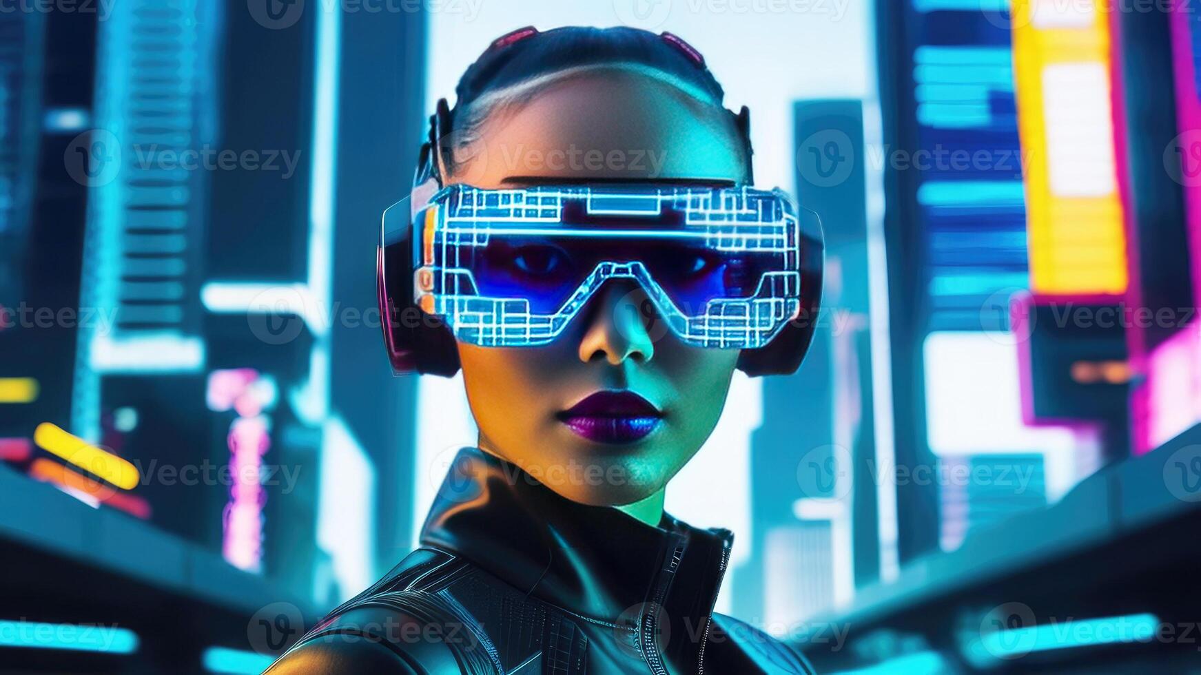 AI generated woman in pixelated neon glasses, advanced technology and beauty. futuristic cyberpunk cityscape. innovation, futurism, urban tech culture in digital design, advertising, sci-fi projects photo
