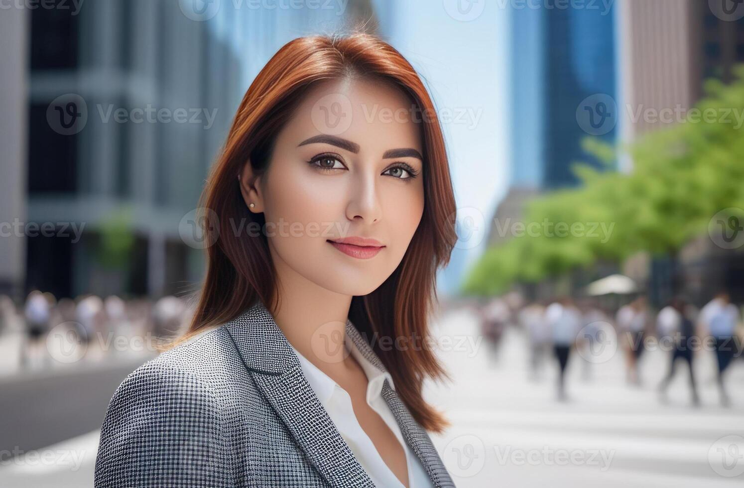 ai generado elegante 30 yo asiático mujer en oficina atuendo, grande ciudad calle, soleado verano día. confianza, profesionalismo, urbano sofisticación. moderno carrera dama, ciudad vida. medios de comunicación márketing concepto foto