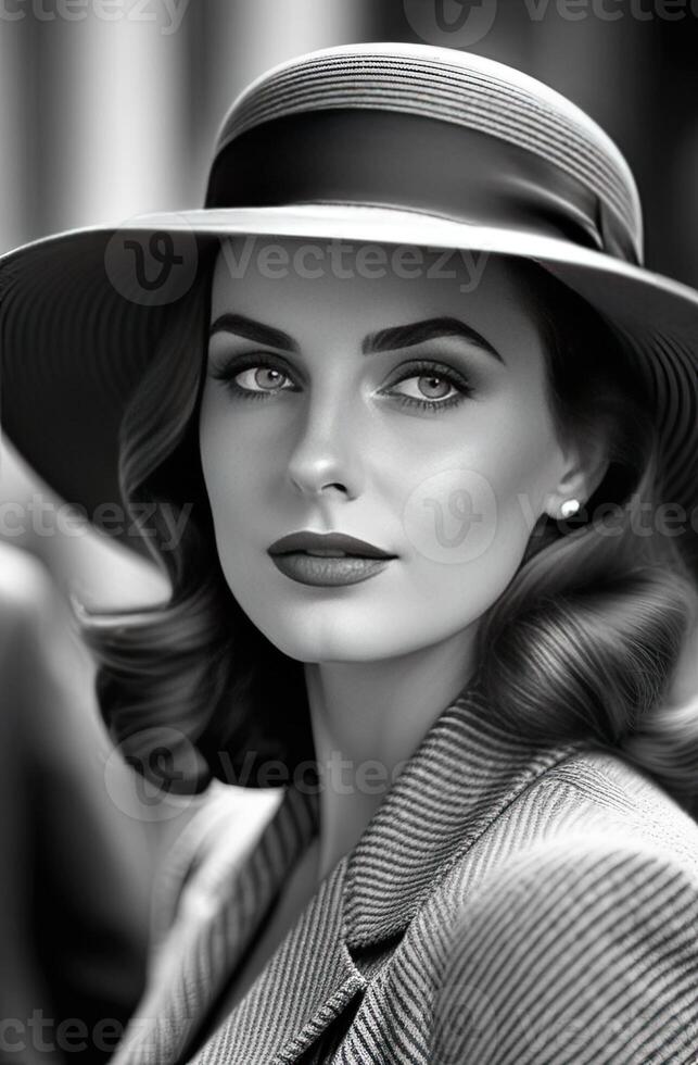 AI generated black and white photo of beautiful woman in hat, retro 1940s-style. Timeless elegance and vintage charm. Ideal for nostalgic themes, fashion retrospectives, or period-inspired projects