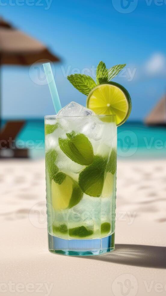 AI generated Glass of mojito cocktail on beach bar counter, blue sky, white oceanic sand, light blurred background, selective focus, copy space photo