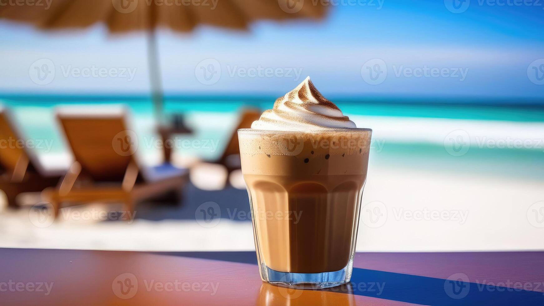 AI generated Glass of cold iced coffee cocktail on beach bar counter, blue sky, white oceanic sand, light blurred background, selective focus, copy space photo