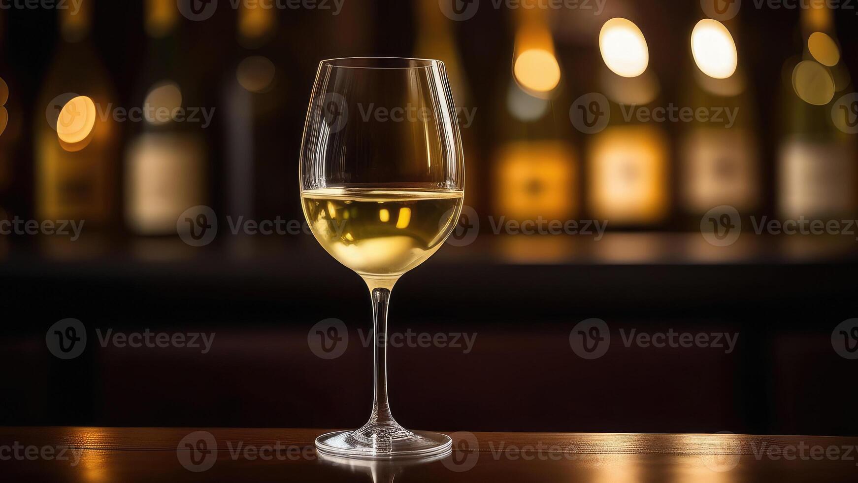 ai generado vaso de blanco vino en mesa en bar, borroso temperamental oscuro fondo, selectivo atención foto