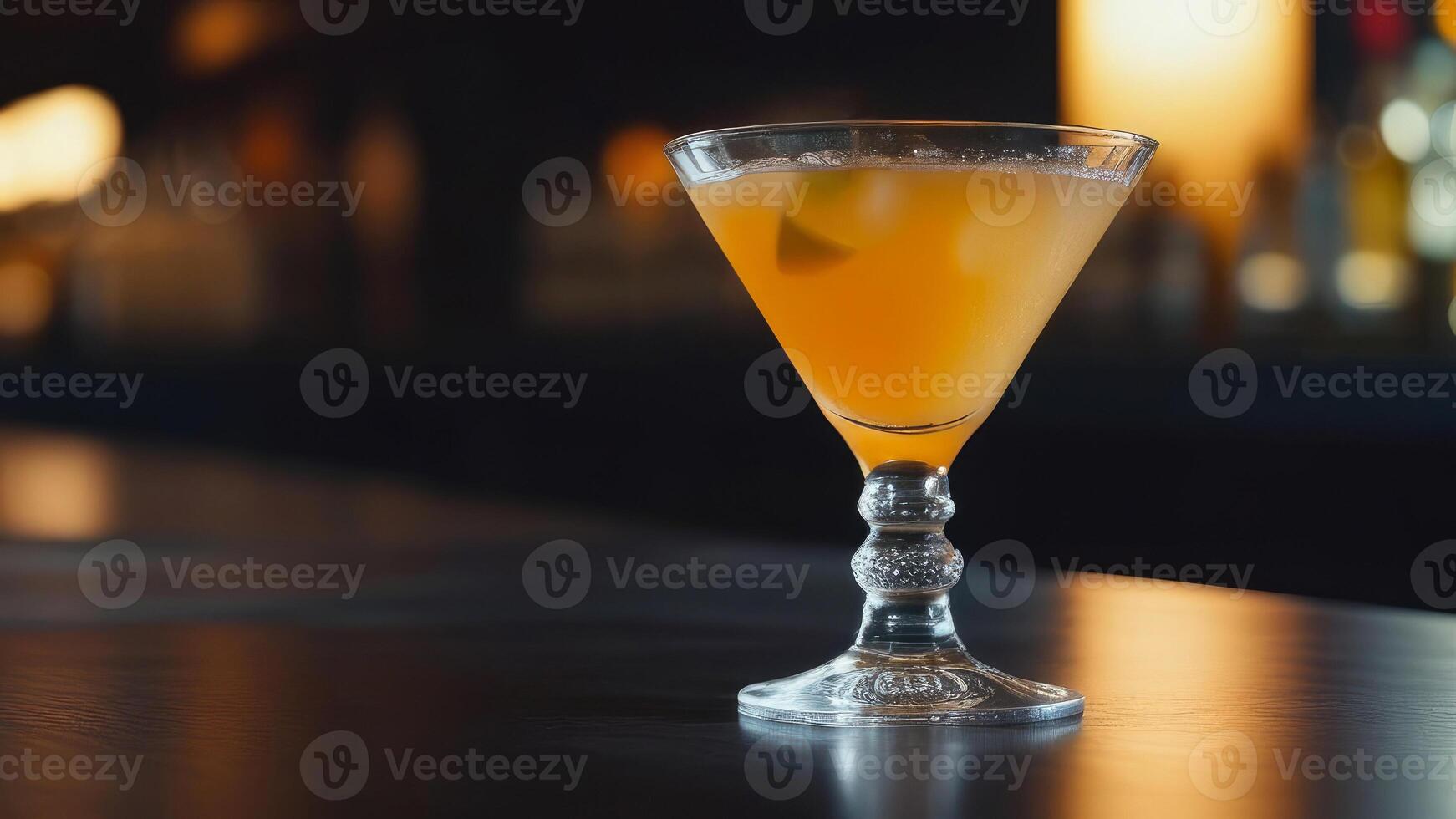 AI generated Glass of alcohol cocktail at bar counter, blurred moody dark background, selective focus photo