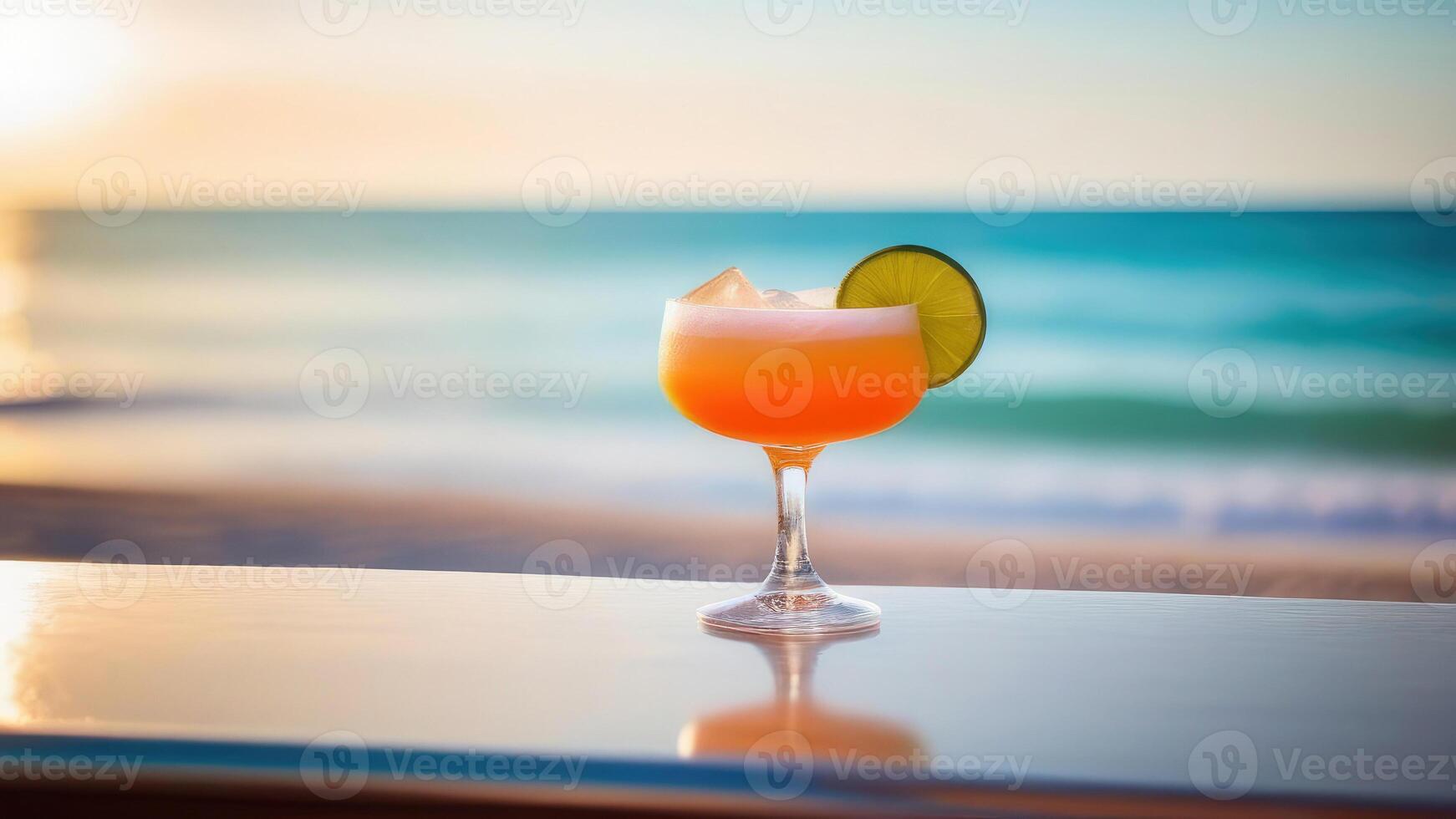 AI generated Glass of cocktail on beach bar counter, blue sky, white oceanic sand, light blurred background, selective focus, copy space photo