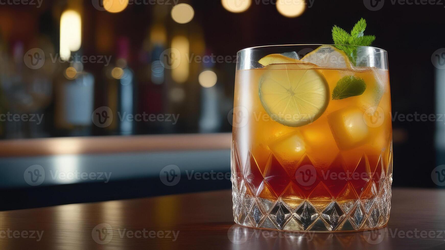 AI generated Glass of alcohol cocktail decorated with lemon at bar counter, blurred moody dark background, selective focus photo