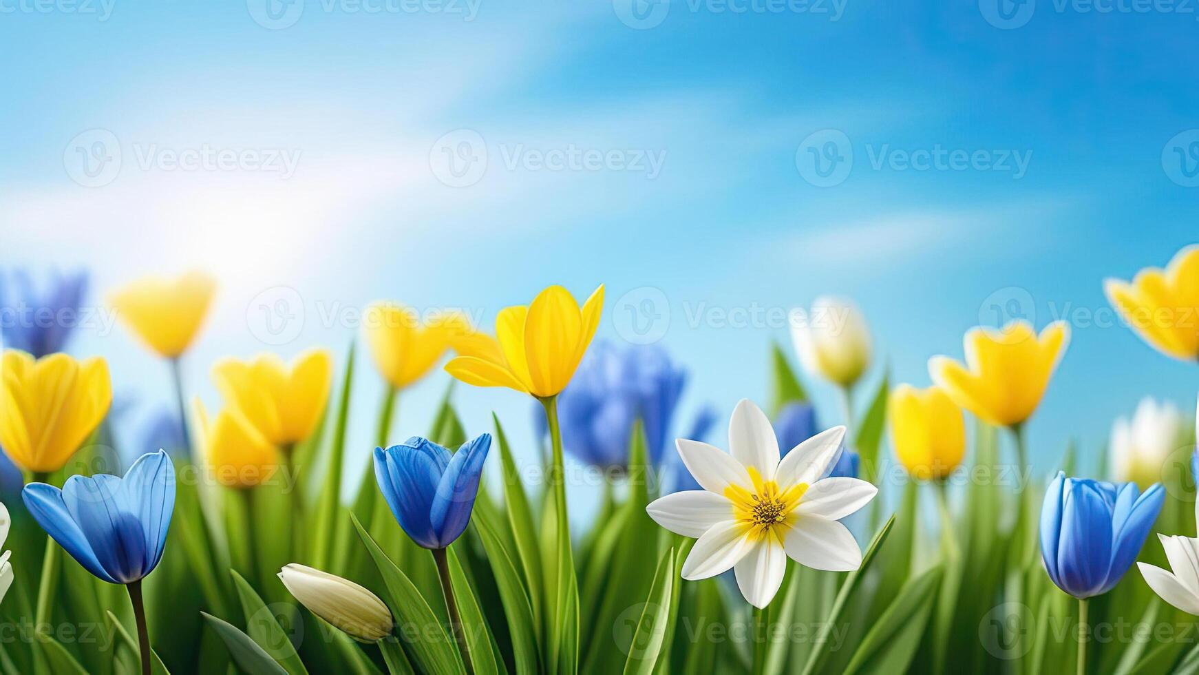 AI generated Beautiful spring flowers on blurred sky background. Wild flowers. Soft light color. Greeting card. Mockup for positive idea. Empty place for inspirational, emotional, sentimental quote. photo