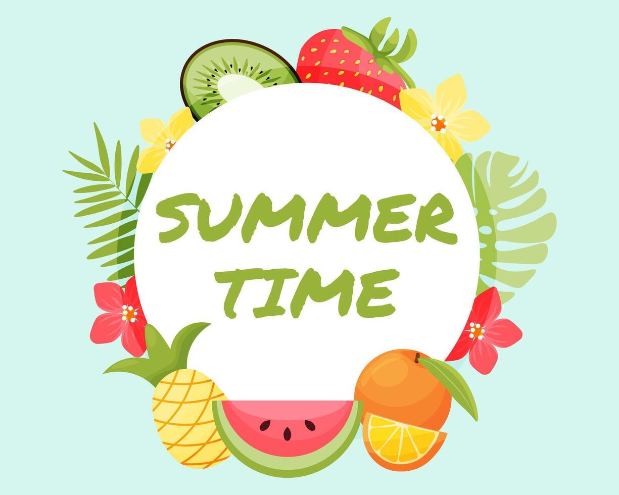 verano hora bandera con blanco circulo para texto y vistoso frutas ilustración. vector