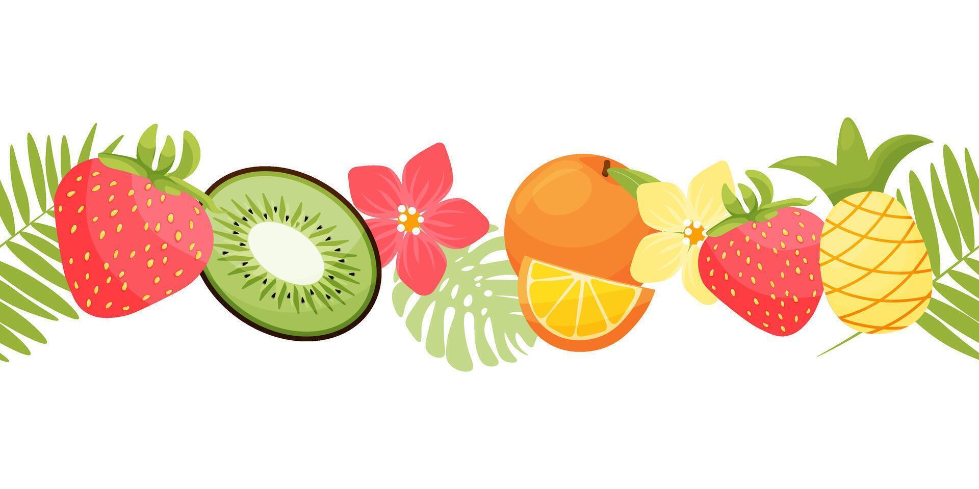 Seamless border with Fruits. Fresh Natural organic food for menu, market, vegetarian shop, invitation, summer parties. vector