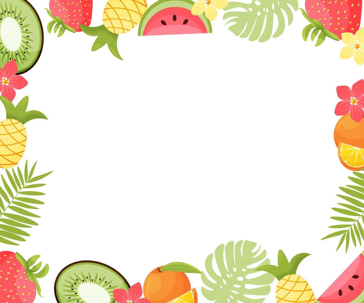 Tropical fruits frame. Exotic fruity square border with copy space. illustration vector