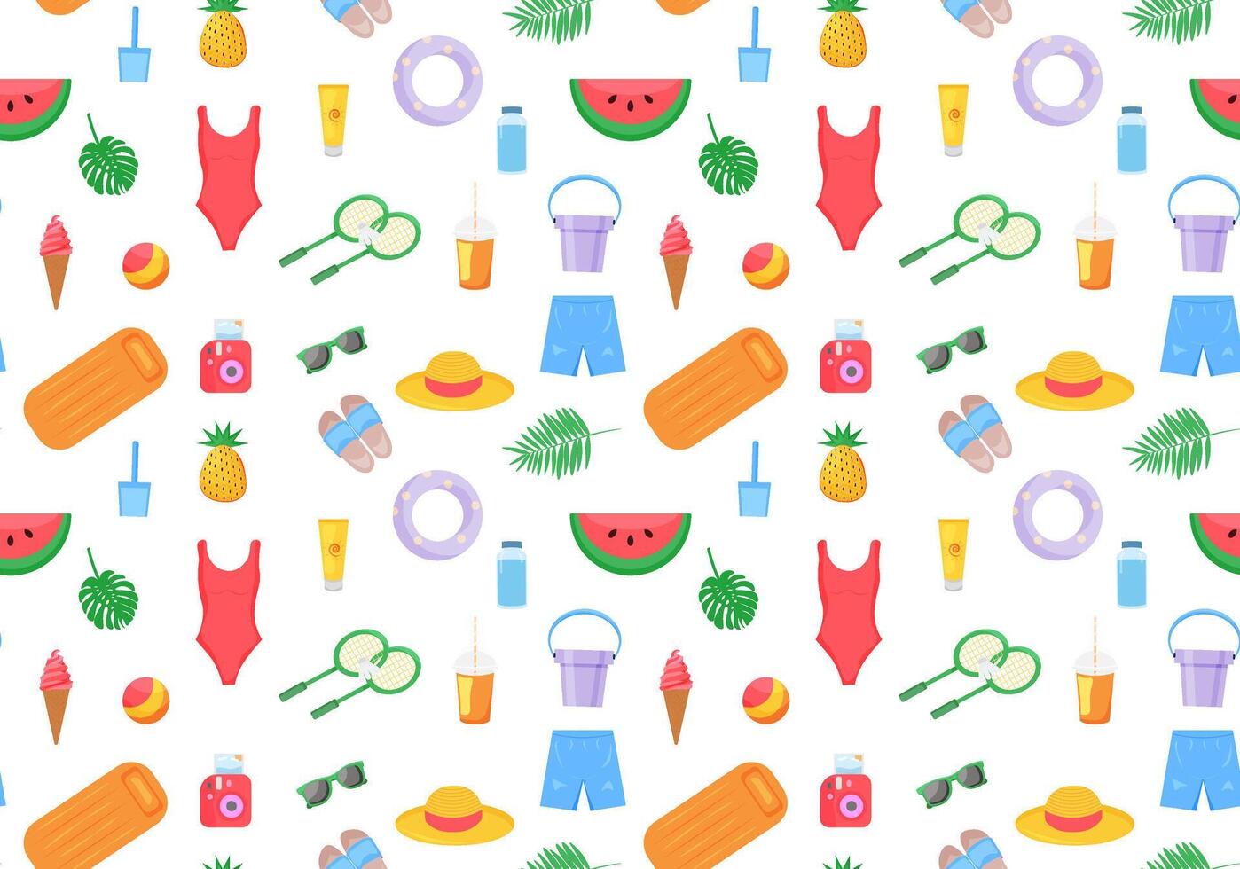 Seamless pattern of summer elements on transparent background. Beach, recreation, summertime, wrapping, backdrop. illustration. vector