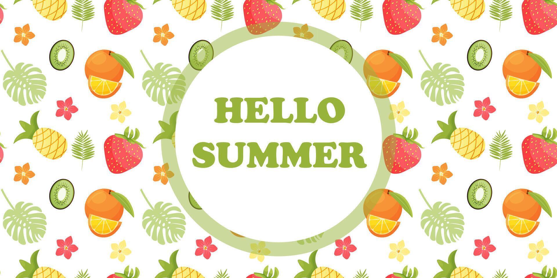 Summer banner with tropical fruits and leaves. illustration. vector