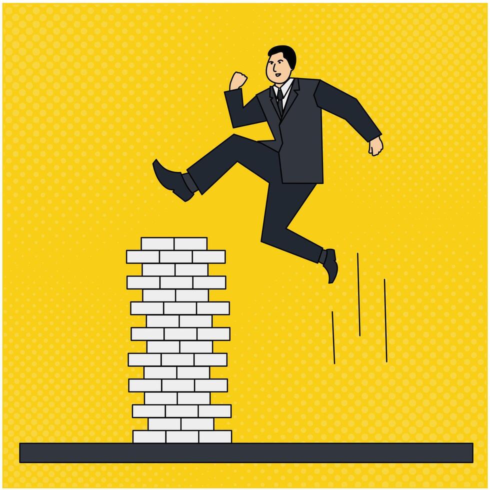 ilustración de un empresario saltando terminado un obstáculo pared vector