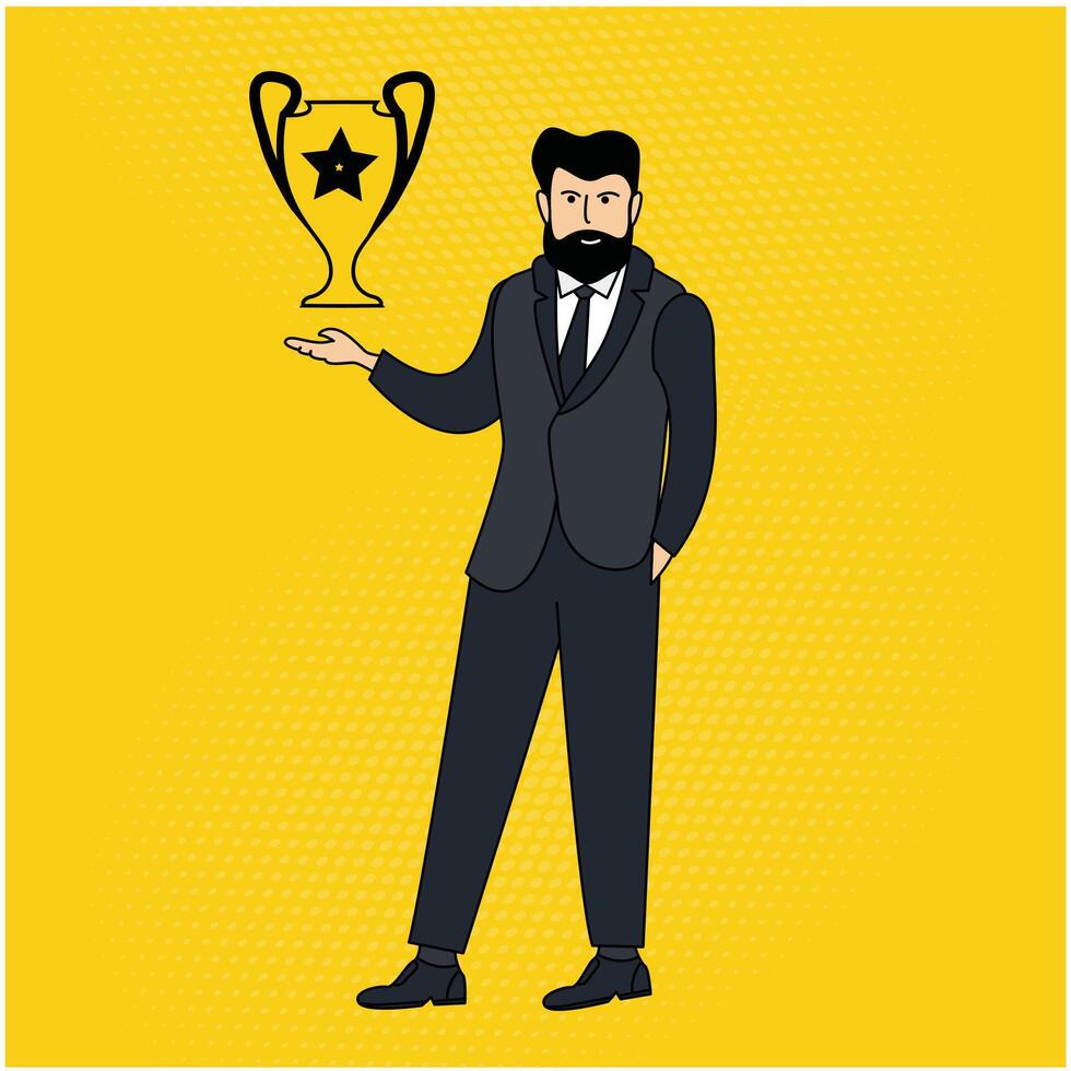 illustration of a businessman presenting a winning trophy vector