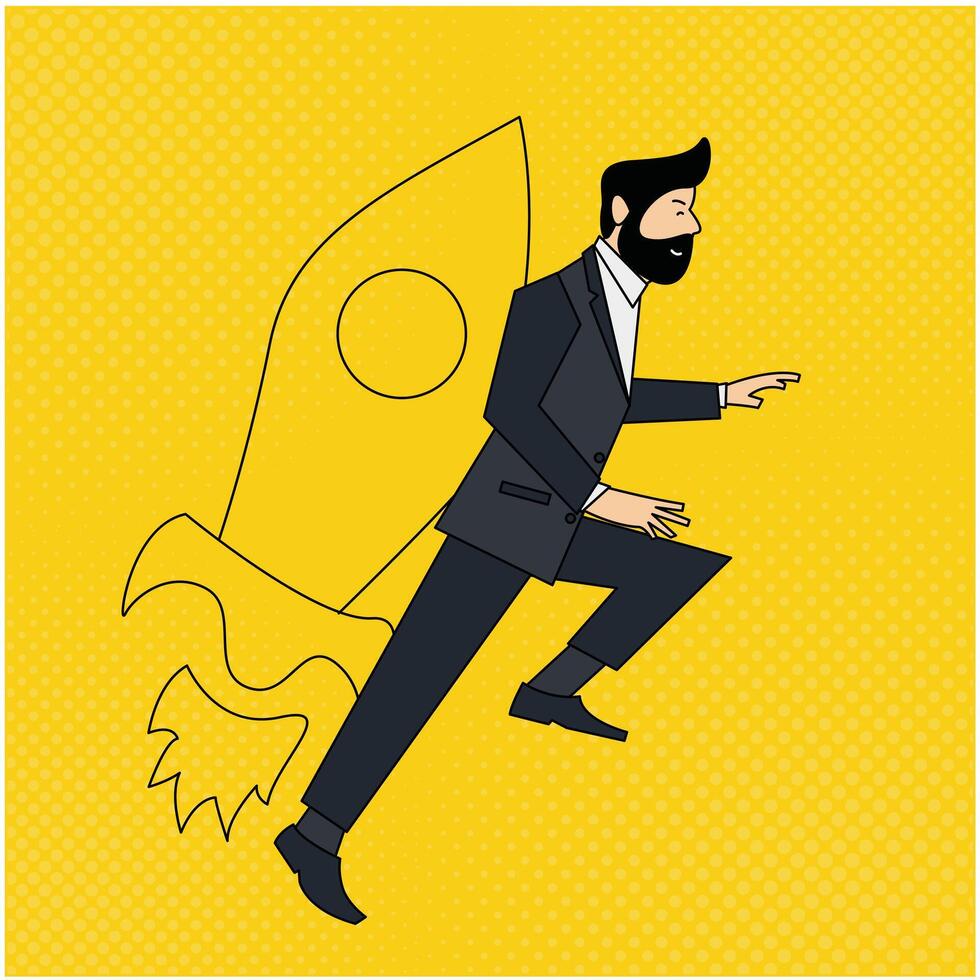 illustration of a businessman flying using a rocket on his back vector