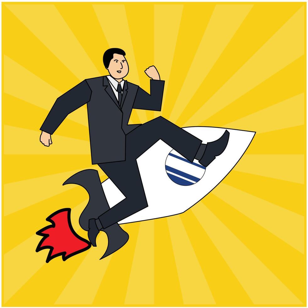illustration of a businessman riding a rocket to fly his business vector