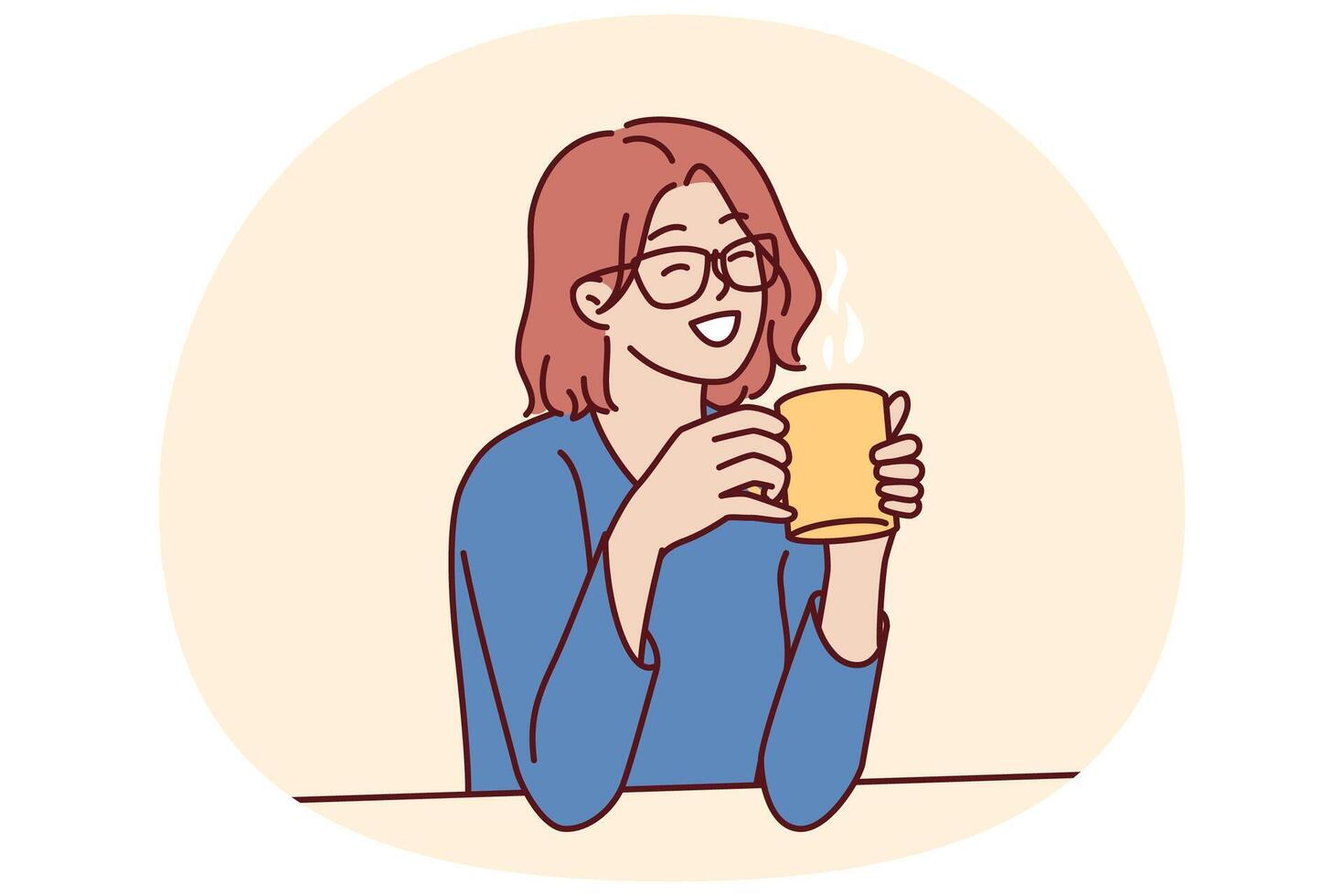 Joyful woman holding coffee mug sitting at table and smiling remembering happy moments from life vector