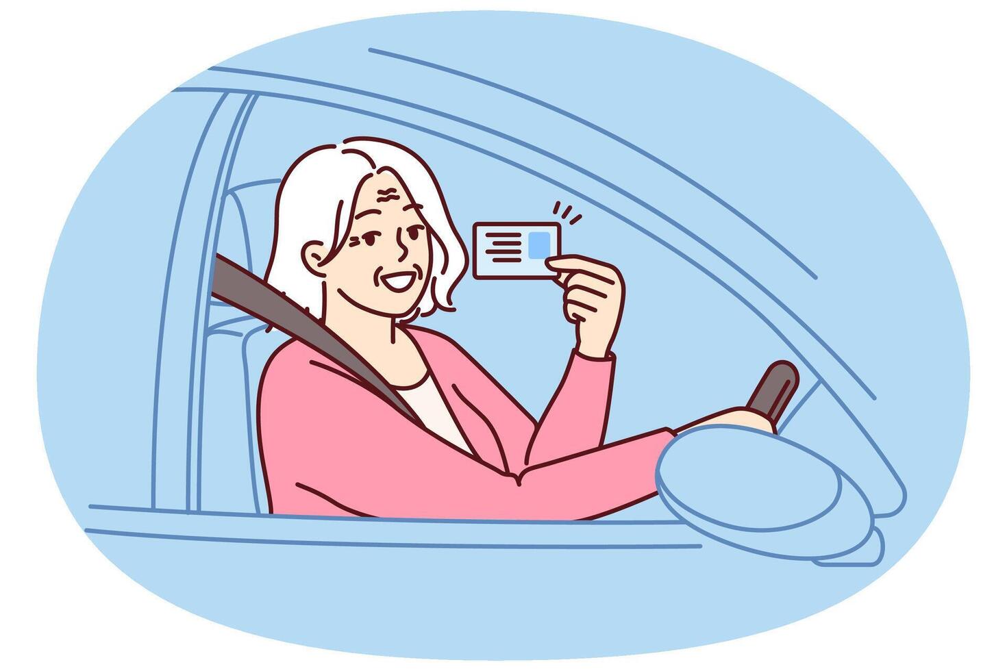 Happy elderly woman demonstrates driver license for road trip sitting behind wheel of car vector