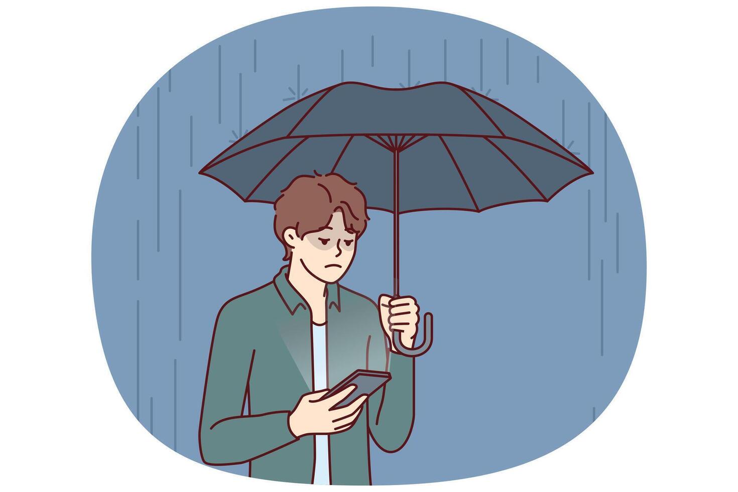 Sad man with umbrella stands in rain and reads SMS in phone from girlfriend refused to come on date vector