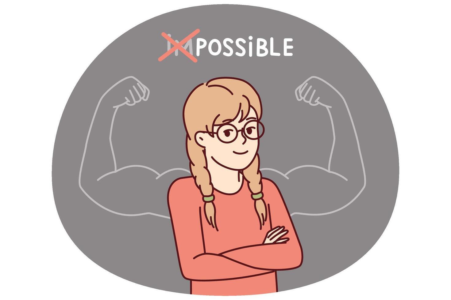 Proud little girl stands with arms crossed near inscription impossible is possible on blackboard vector